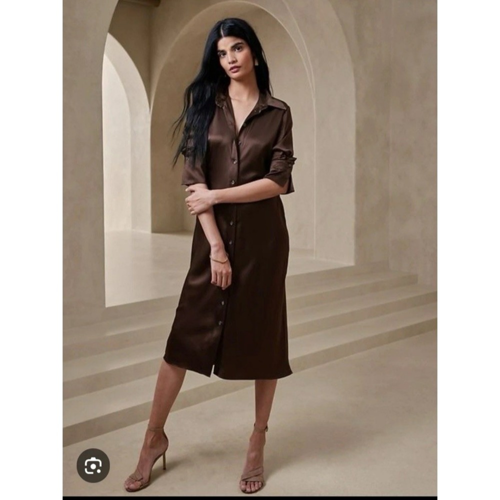 Banana Republic Long Sleeve Silk Dress Size Medium In Roasted Cacao Brown